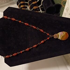 Artisan Made Wire Wrapped Orange Cats Eye Beads And Sliced Agate Pendant